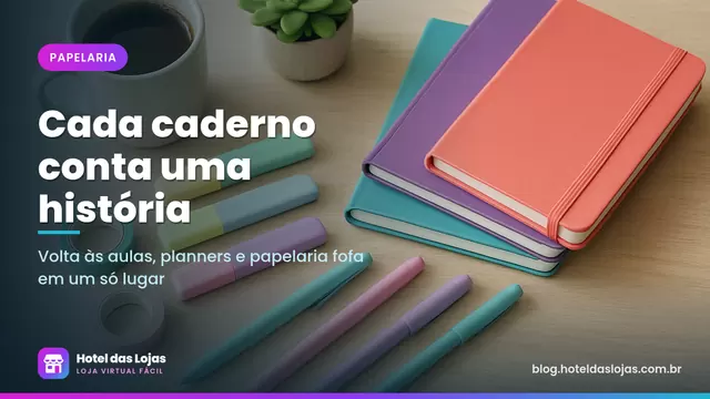 Cadernos, planners, fitas adesivas decoradas e marca-textos em tons pastel sobre mesa de madeira clara
