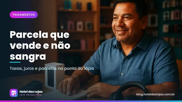 Lojista de eletrônicos fazendo contas com calculadora ao lado de um celular na caixa e de uma maquininha de cartão
