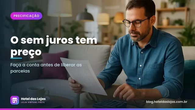 Dono de loja de móveis sentado no sofá do showroom fazendo contas com calculadora e planilha impressa