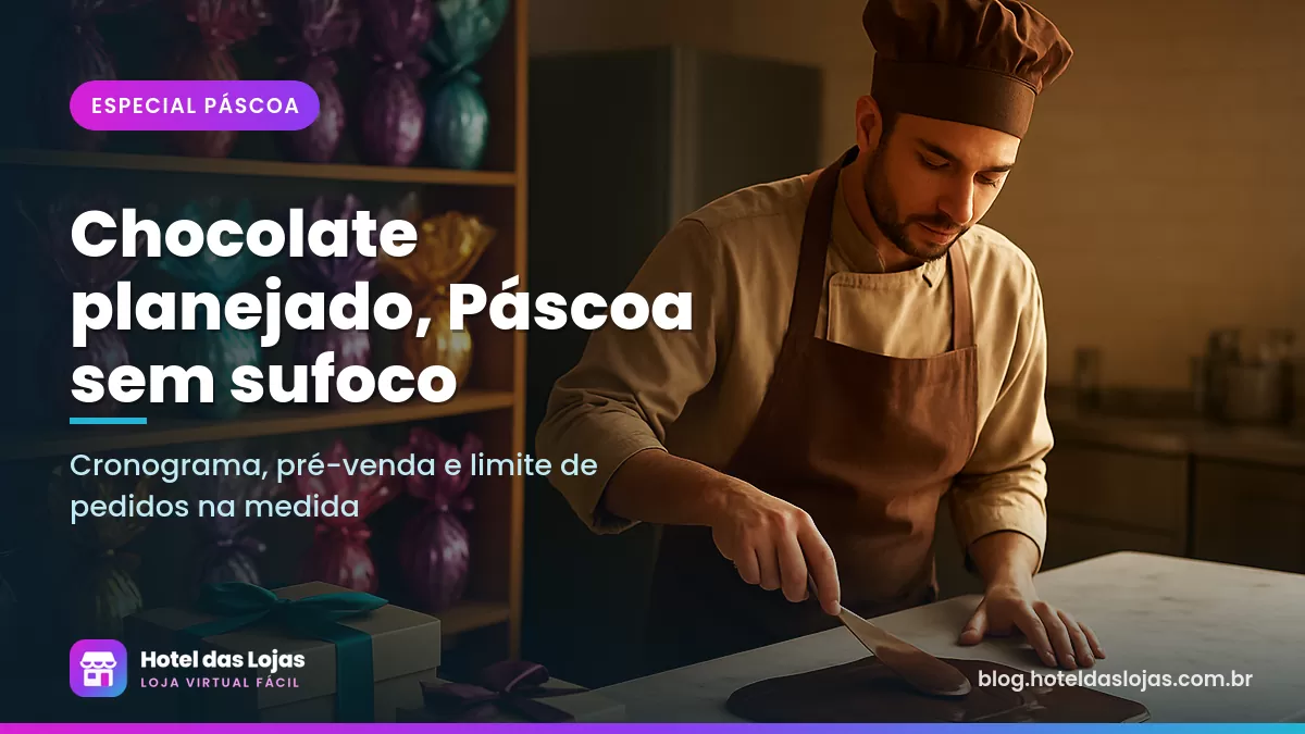 Ovos de Páscoa artesanais embalados com fitas ao lado de chocolatier temperando chocolate na bancada