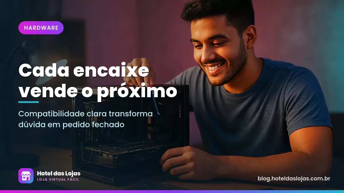 Jovem monta um computador na bancada com placa-mãe, placa de vídeo e memórias ao lado
