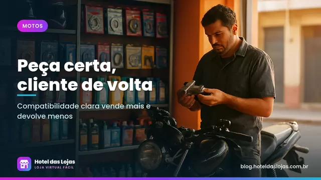 Mecânico confere uma peça ao lado de uma moto em loja com prateleiras de kits de relação, pastilhas e capacetes