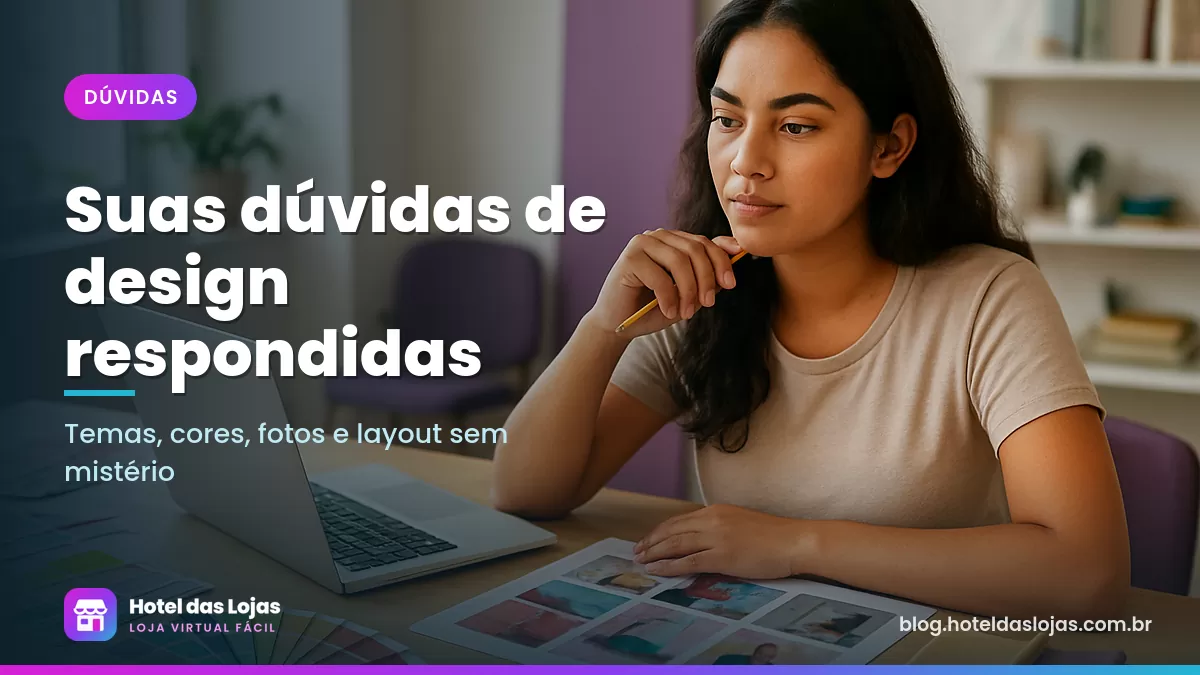 Empreendedora analisa amostras de cores e referências impressas ao lado do notebook em um estúdio claro