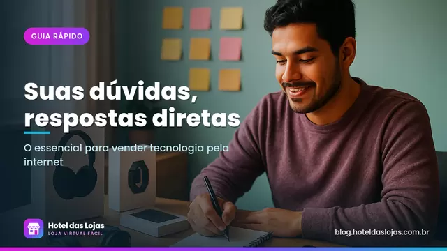 Empreendedora anotando dúvidas em um caderno no home office cercada de caixas de fones, relógio e celular