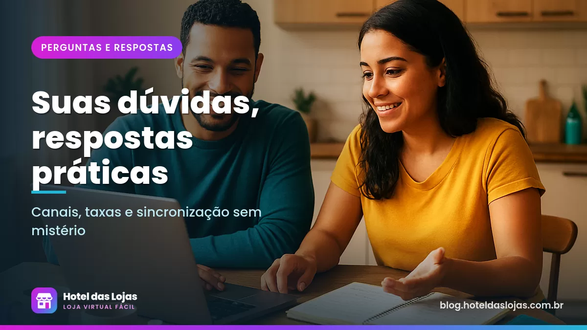 Casal de pequenos empresários conversa à mesa com notebook, caderno de anotações e amostras de produtos
