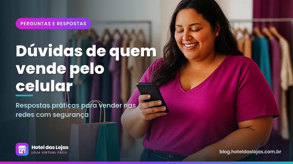 Empreendedora de moda respondendo mensagens no celular em seu showroom com araras de roupas