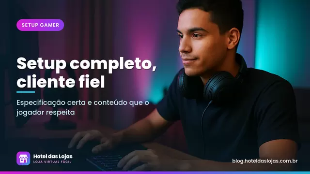 Jovem em mesa gamer com teclado mecânico iluminado, mouse leve, mousepad grande e headset no suporte
