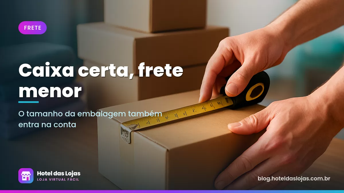 Mãos medem caixa de papelão com fita métrica em bancada com caixas de vários tamanhos ao lado