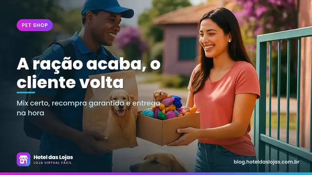 Tutora recebendo saco de ração e caixa de brinquedos na porta de casa com o cachorro ao lado