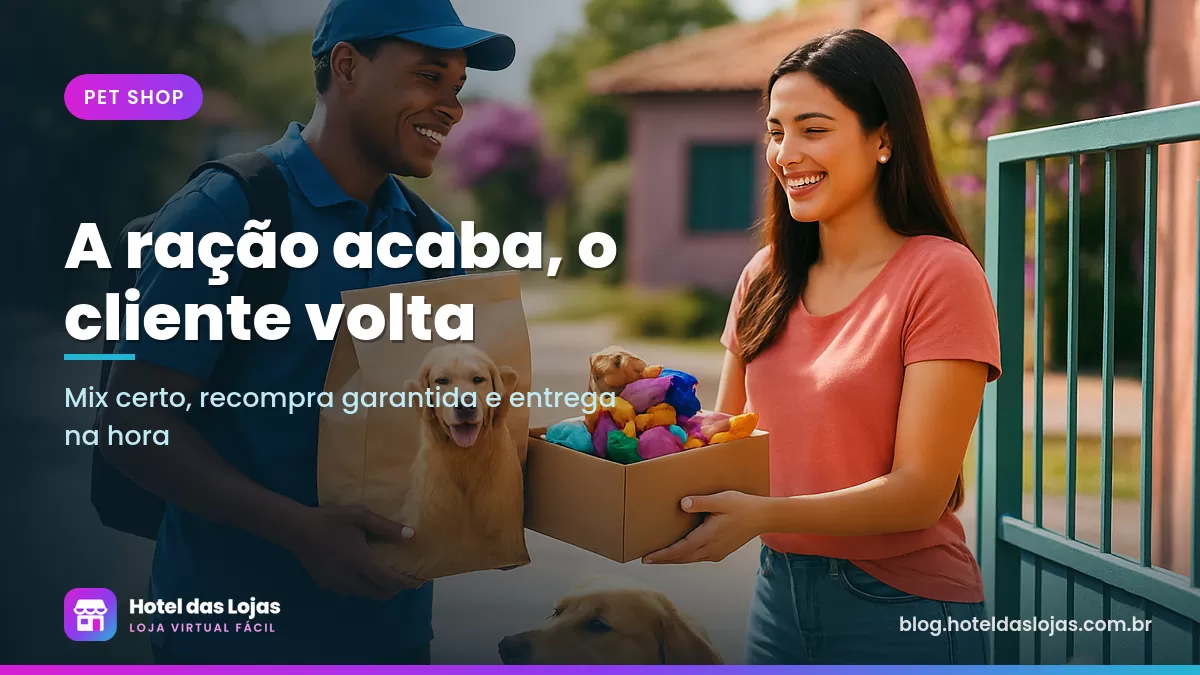 Tutora recebendo saco de ração e caixa de brinquedos na porta de casa com o cachorro ao lado
