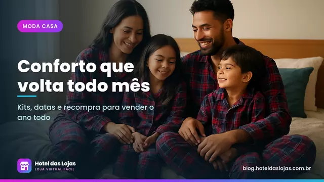 Família de quatro pessoas com pijamas xadrez iguais sentada na cama em manhã iluminada, com caixas de presente