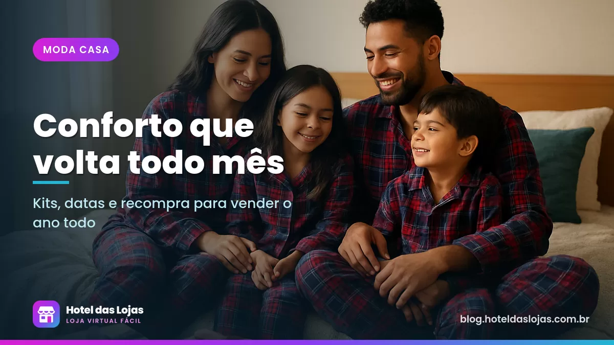Família de quatro pessoas com pijamas xadrez iguais sentada na cama em manhã iluminada, com caixas de presente