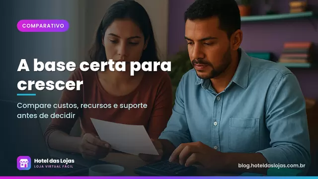 Casal de empreendedores compara anotações com calculadora para escolher a plataforma da loja