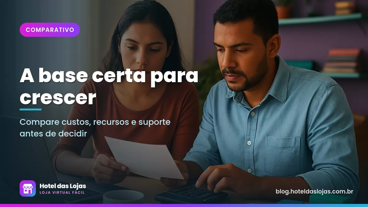 Casal de empreendedores compara anotações com calculadora para escolher a plataforma da loja