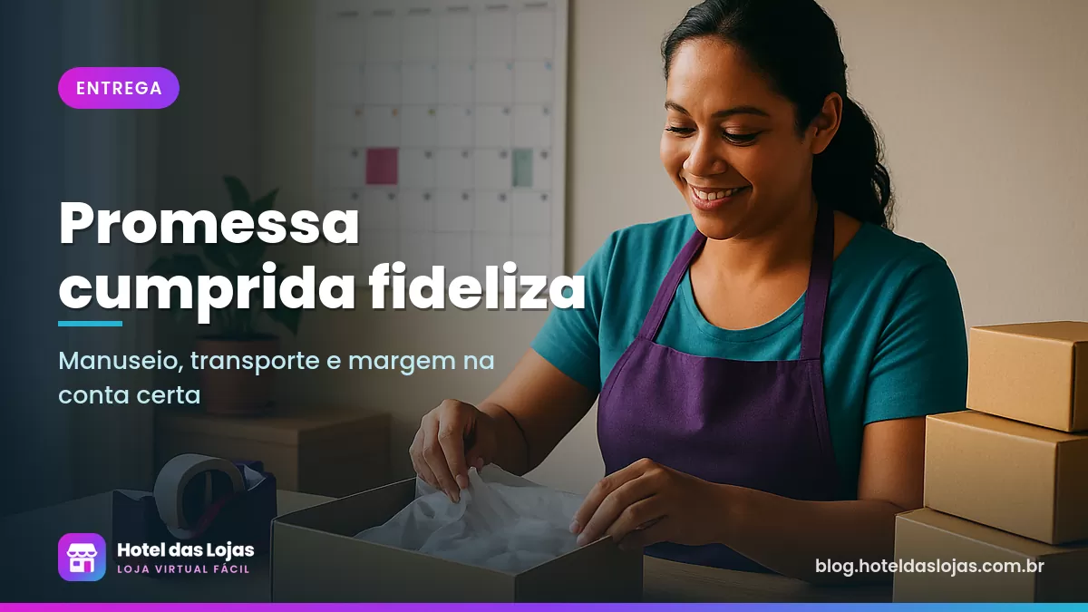 Lojista embala pedido em bancada organizada com calendário na parede e caixas prontas para envio