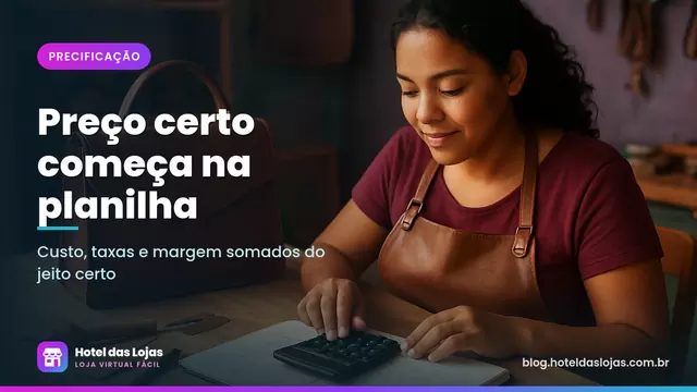 Artesã calcula o preço de uma bolsa de couro com calculadora e caderno na bancada do ateliê