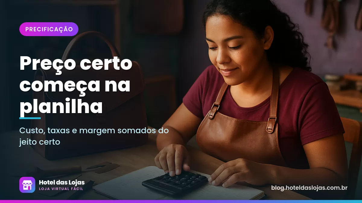 Artesã calcula o preço de uma bolsa de couro com calculadora e caderno na bancada do ateliê