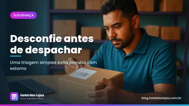 Lojista confere a etiqueta de um pacote no estoque antes do envio, com folhas de pedido sobre a mesa