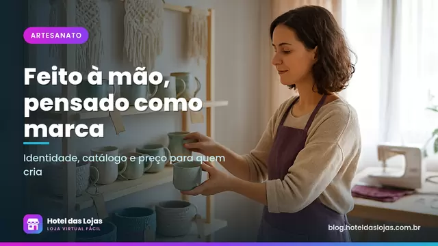 Artesã organizando canecas de cerâmica, cestos de crochê e peças de macramê em prateleiras de ateliê