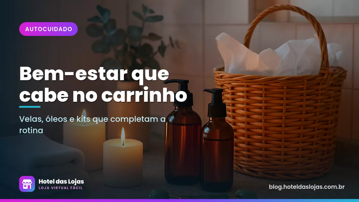 Velas acesas, frascos de óleo corporal, rolo facial e toalhas em cenário de spa caseiro com kit de presente