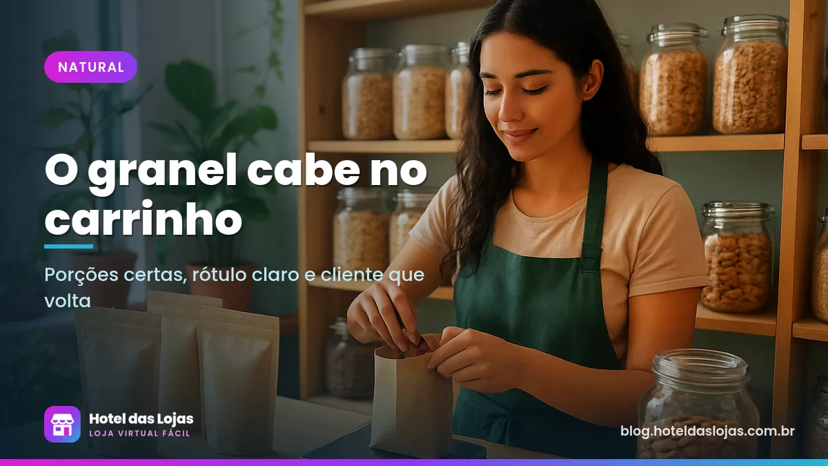 Mulher pesa amêndoas em balança e enche embalagens kraft ao lado de potes de granola, castanhas e sementes