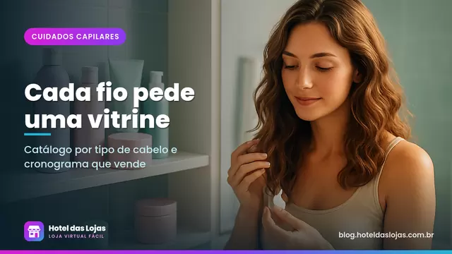 Prateleira de banheiro com shampoos, máscaras e cremes e mulher de cabelo ondulado aplicando finalizador no espelho