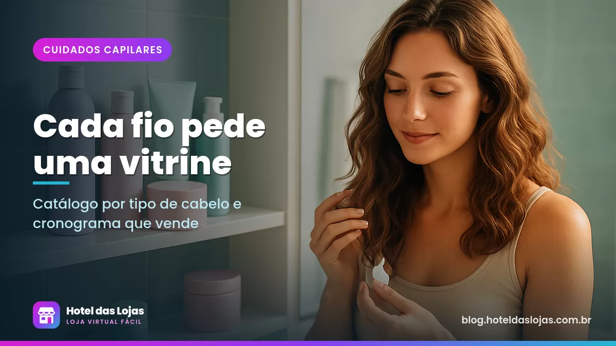 Prateleira de banheiro com shampoos, máscaras e cremes e mulher de cabelo ondulado aplicando finalizador no espelho