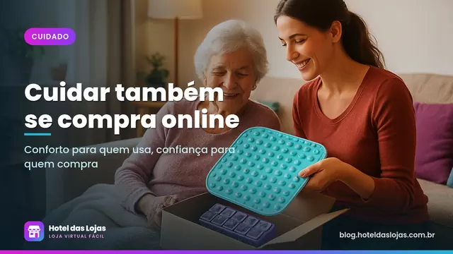 Senhora sentada em poltrona enquanto a filha abre uma caixa com tapete antiderrapante e porta-comprimidos