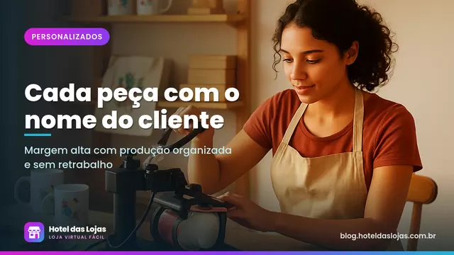 Empreendedora personalizando caneca em prensa térmica num ateliê com produtos prontos nas prateleiras