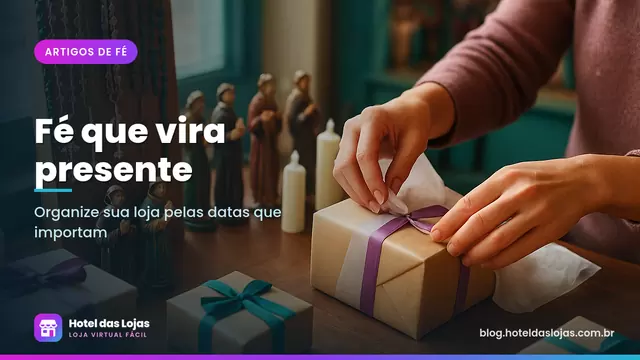 Balcão com terços, imagens de santos, velas e caixas de presente sendo embaladas por uma lojista