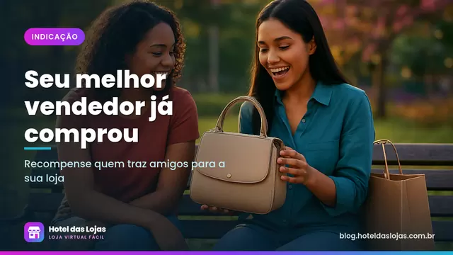 Duas amigas em um banco de praça, uma mostrando à outra a bolsa que comprou e recomendando a loja