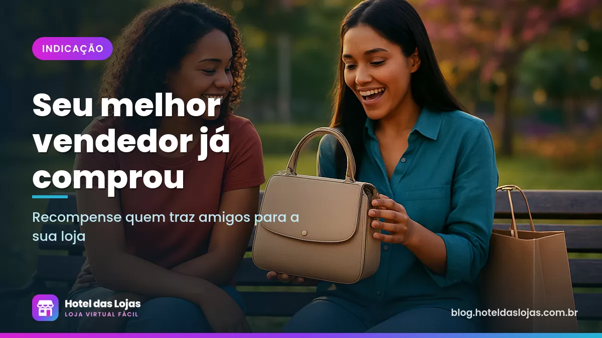 Duas amigas em um banco de praça, uma mostrando à outra a bolsa que comprou e recomendando a loja
