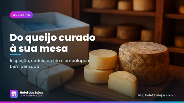 Queijos artesanais maturados sobre tábua de madeira ao lado de caixa térmica preparada para envio