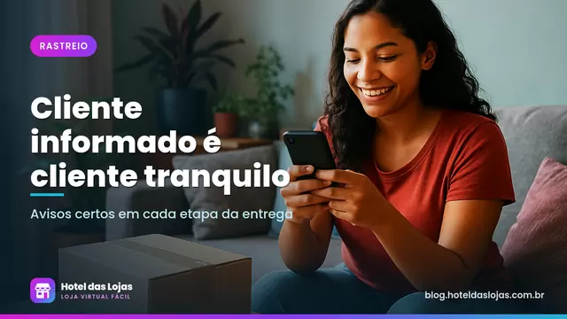 Cliente sorri olhando o celular no sofá de casa com um pacote entregue sobre a mesa de centro
