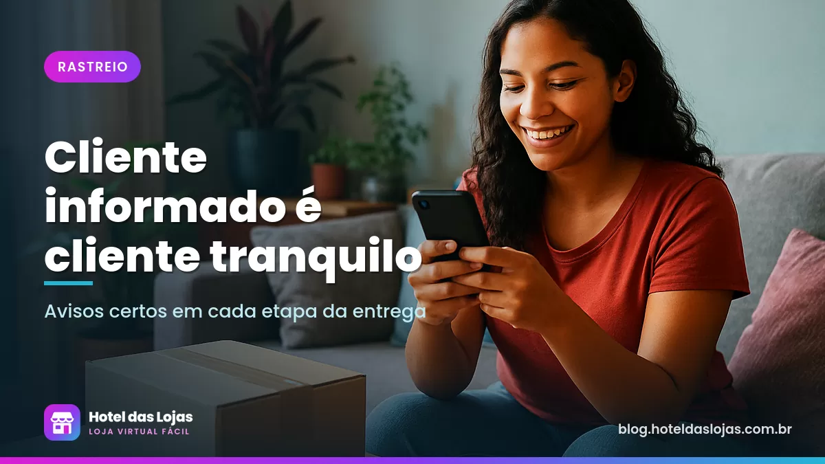 Cliente sorri olhando o celular no sofá de casa com um pacote entregue sobre a mesa de centro