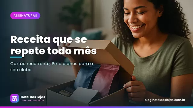 Mãos de mulher abrem caixa de assinatura mensal com cafés, chocolates e um cartão escrito à mão