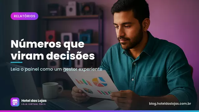 Lojista analisa gráficos impressos e anotações ao lado do notebook em uma mesa de trabalho
