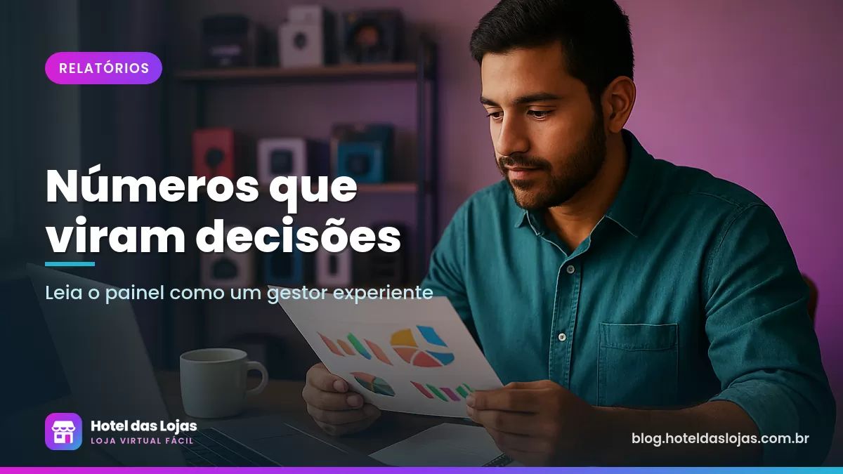 Lojista analisa gráficos impressos e anotações ao lado do notebook em uma mesa de trabalho