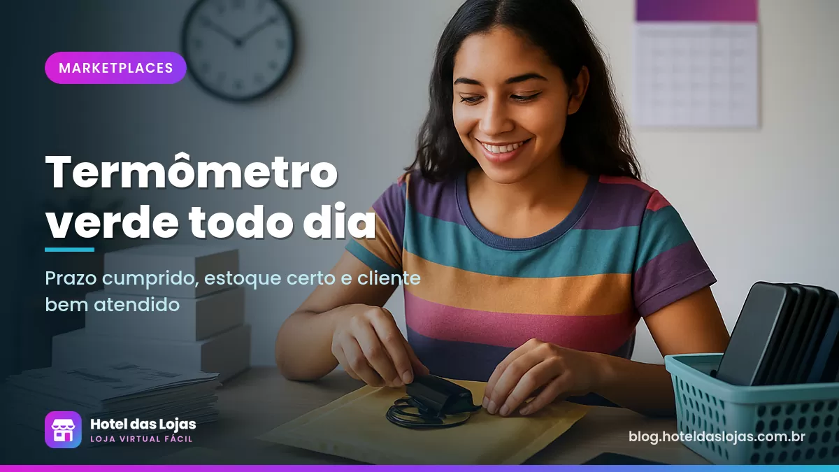 Vendedor embala acessórios de celular em envelopes acolchoados em uma bancada de expedição organizada
