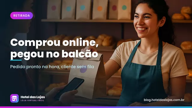 Atendente de padaria entrega sacola a cliente com celular diante da prateleira de pedidos para retirar