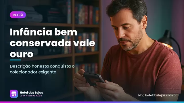 Colecionador examina cartucho antigo diante de estante com consoles e jogos dos anos 90 e uma TV de tubo