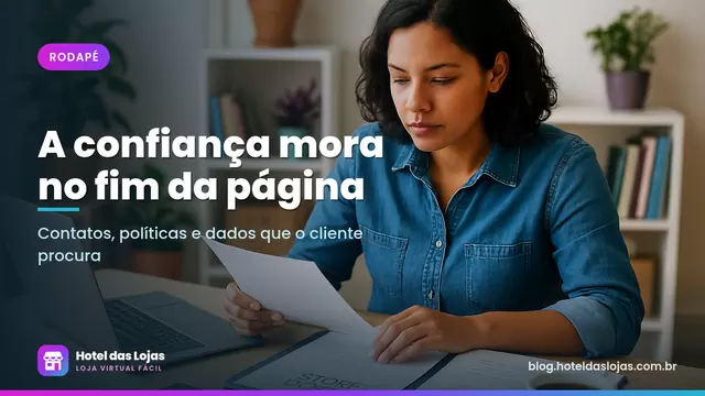 Empreendedora revisa documentos e políticas da loja em uma mesa de escritório organizada