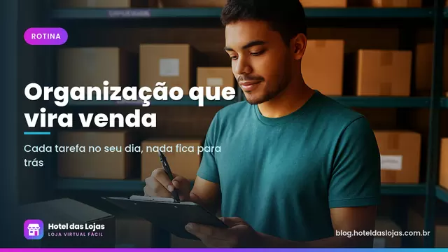 Lojista confere uma lista de tarefas em uma prancheta no estoque organizado com pacotes prontos