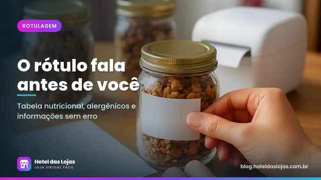 Mãos aplicam rótulo em pote de vidro com granola caseira ao lado de impressora de etiquetas e outros potes