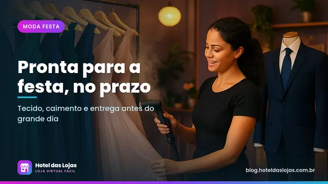 Vendedora passa vestido longo de cetim em boutique com vestidos de festa coloridos e terno azul-marinho