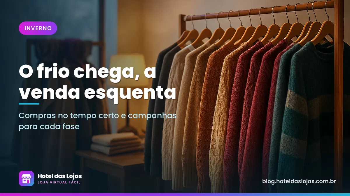 Loja de roupas organizando coleção de inverno com tricôs, casacos e cachecóis em araras de madeira