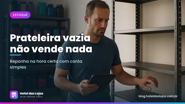 Homem com tablet observa prateleira quase vazia ao lado de estantes cheias de potes de suplemento