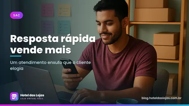 Lojista atende clientes pelo celular e pelo notebook em um escritório organizado em casa