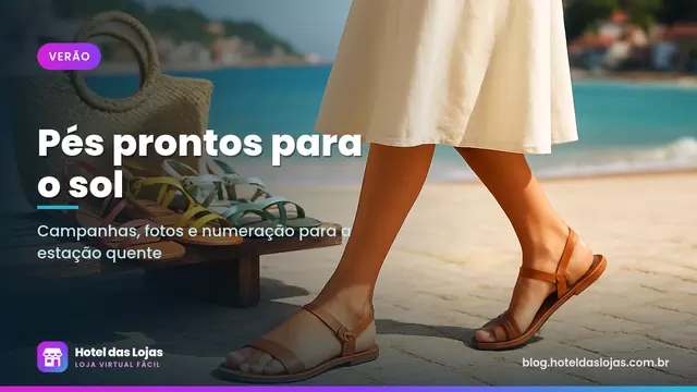 Pés femininos com rasteirinha de couro caminhando em calçada clara perto da praia com outras sandálias no banco