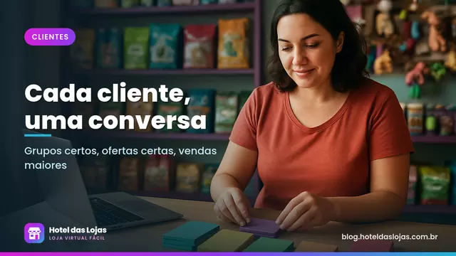 Dona de pet shop organiza fichas coloridas em grupos ao lado do notebook no balcão da loja